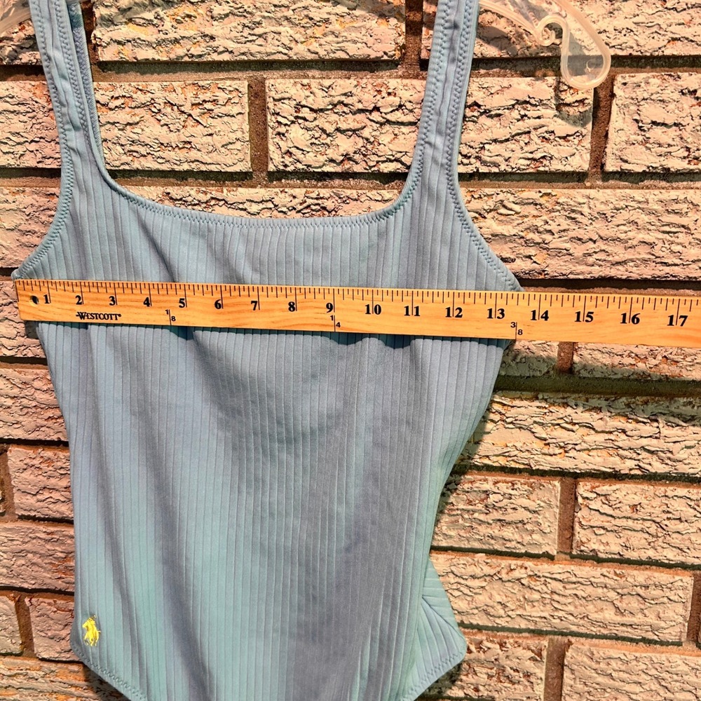 Polo Ralph Lauren Blue Ribbed One Piece Swimsuit Women Med Pony Logo Scoop Back - Picture 5 of 7